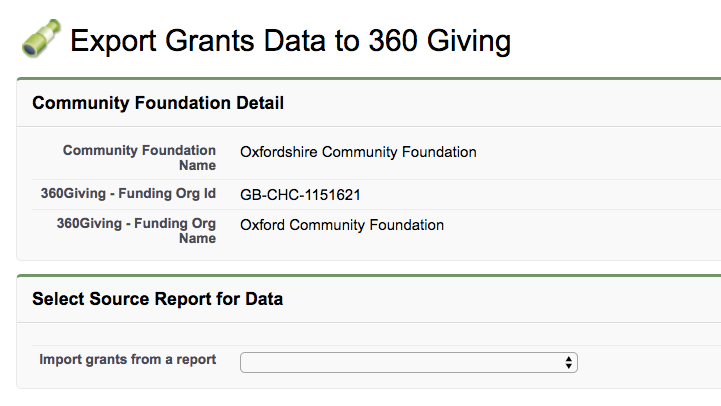 Export Grants Data to 360Giving tab