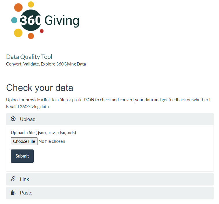 Screen shot of the 360Giving Data Quality Tool homepage