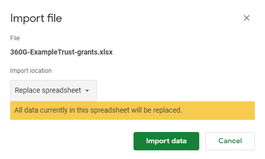 Importing Excel file into Google sheets screenshot