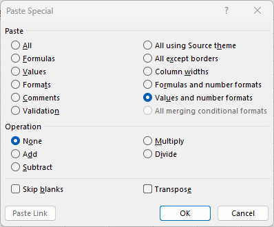 Screenshot of Paste Special dialogue box in Excel