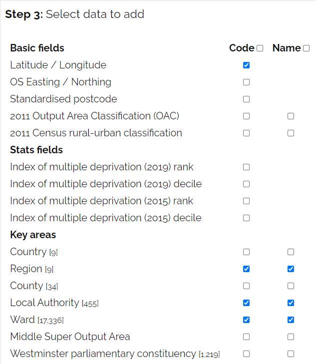 Screenshot of selecting Ward names and codes in Add fields to CSV tool